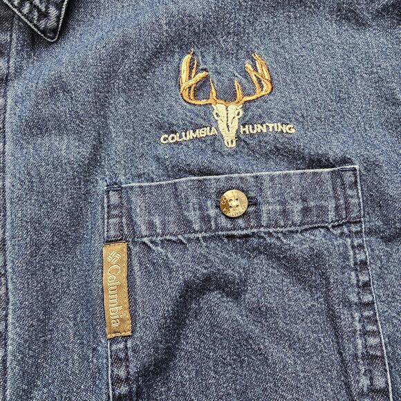 Columbia Blue Jean Denim Hunting Shirt Button Up Size L Shooting Padded Shoulder - Picture 4 of 7